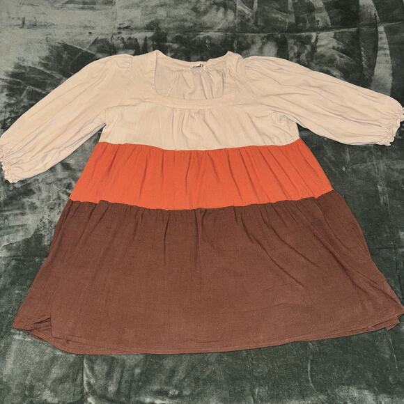 Umgee Tiered Dress Women’s 2XL Colorblock Linen Square Neck 3/4 Ruffle Sleeve - Picture 9 of 9